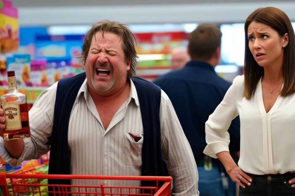 Imagem mostra um homem bêbado rindo na frente de uma mulher no supermercado