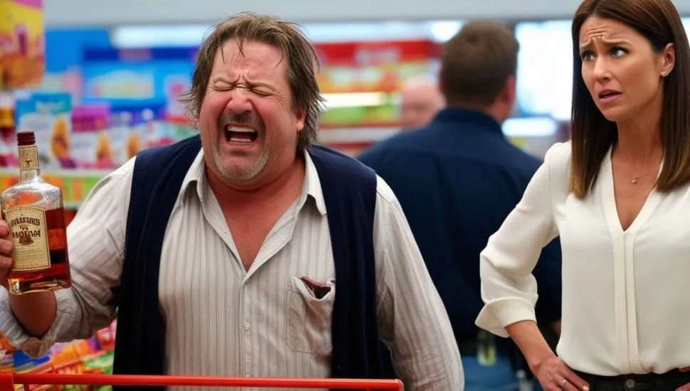 Imagem mostra um homem bêbado rindo na frente de uma mulher no supermercado