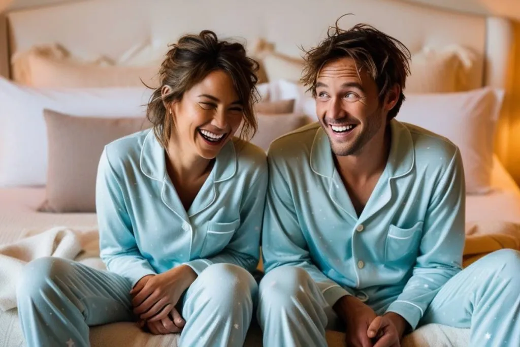 Imagem mostra um casal sentado na beira de uma cama rindo com um pijama azul.