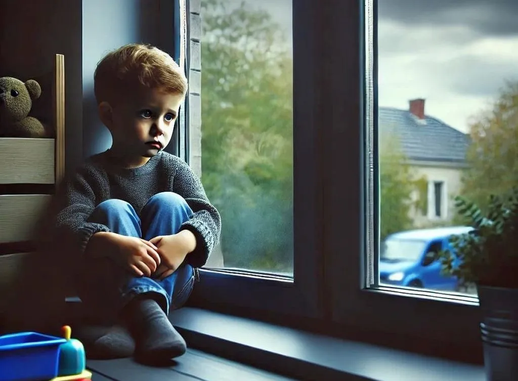 Imagem mostra um menino de poucos anos, sentado na frente de uma janela com olhar triste e aparentando solidão e tristeza