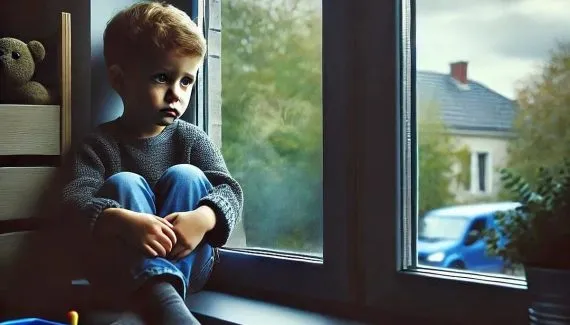 Imagem mostra um menino de poucos anos, sentado na frente de uma janela com olhar triste e aparentando solidão e tristeza